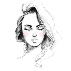 Beautiful Girl Face With Closed Eyes Black And White Fashion Illustration. Hand Drawn Pencil Sketch With Pink Watercolor.