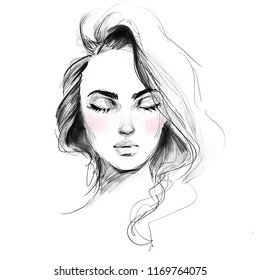 Beautiful Girl Face With Closed Eyes Black And White Fashion Illustration. Hand Drawn Pencil Sketch With Pink Watercolor.