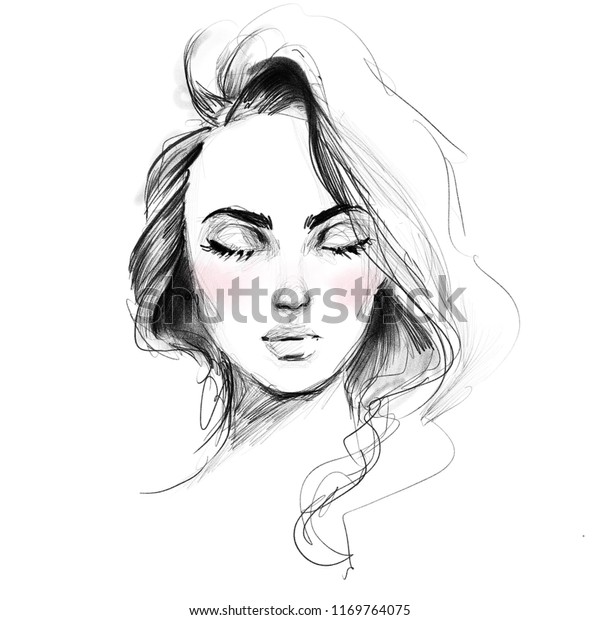 目を閉じた白黒のファッションイラストを持つ美しい女の子の顔 ピンクの水色の手描きの鉛筆スケッチ のイラスト素材 1169764075