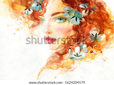 beautiful girl with flowers in her hair. fashion illustration. watercolor painting
