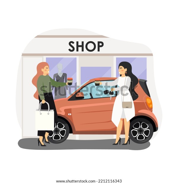 Beautiful\
girl going shopping by car, flat illustration. Happy woman owner\
driver holding car key, drinking coffee with girl friend next to\
her red auto parked in front of shop\
entrance.