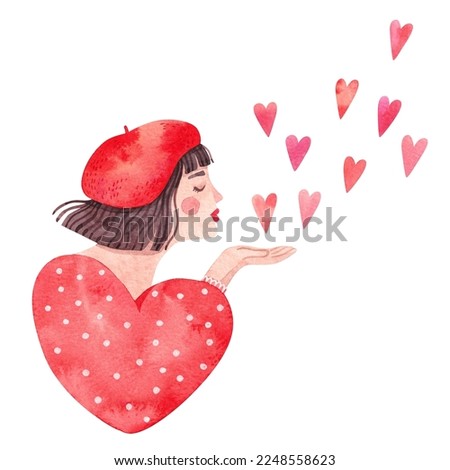Beautiful girl with hearts. Young woman blowing a kiss. Cute watercolor illustration for Valentine's day card. Brunette girl in red beret and polka dot blouse. 