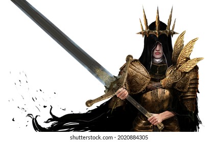 A beautiful girl knight in a hood is dressed in plate armor, she holds a huge heavy two-handed sword with both hands, a large pointed crown is on her head, hides her eyes under the hood. 3D rendering