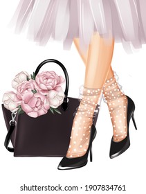 Beautiful Girl Legs And Bag With Peonies Bouquet. Hand Drawn Fashion Illustration