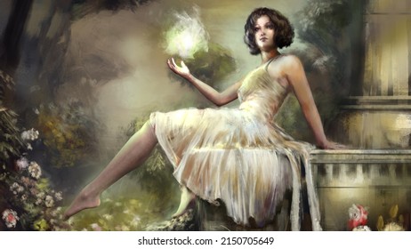 A beautiful girl in light dress is sitting in the forest around her and many different flowers  Digital drawing style  2D illustration