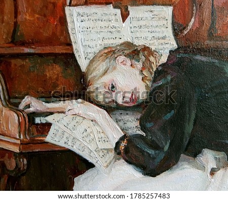 
The beautiful girl was a little tired after playing the piano. Created in details and color nuances, oil painting on canvas. 