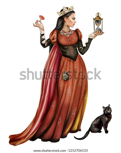 中世のドレスの美しい女の子は砂時計とハエアガラスを持ち 魔術師は呪文をかぶり 黒猫の女は魔法を使い 白い背景に分離型キャラクターを持つ のイラスト素材