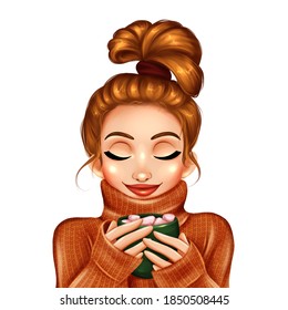 Beautiful Girl In Orange Sweater Drinking Coffee With Marshmellow. Hand Drawn Fashion Illustration