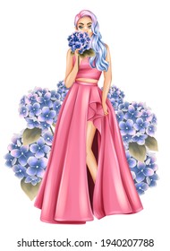 Beautiful girl in pink dress   hydrangea flower  Fashion girl illustration