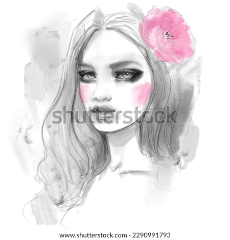 Beautiful girl with pink flower watercolor art portrait. Black and white pencil sketch of young woman.
