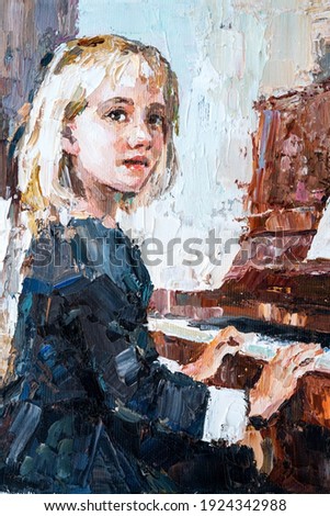 Beautiful girl plays the piano. Created in detail and color, oil painting on canvas.