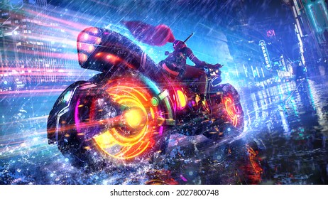 A beautiful  girl rides a technological brightly glowing electric motorcycle on a rainy wet road of a huge megapolis, at high speed, she has two katanas. 3d render