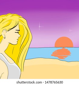 Beautiful Girl Sees Off Sunset On Stock Illustration 1478765630