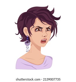 A Beautiful Girl With A Short Fashionable Haircut With Dark Purple Hair Is Indignant And Angry. Sticker On A White Background.