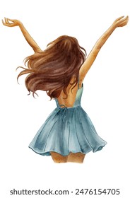 beautiful girl in a summer blue dress with long brown hair, hands up to the sky, back view, watercolor illustration on a white background