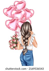 Beautiful girl and tulips flowers   heart shape balloons back view  Fashion girl illustration  Valentine's Day greeting card