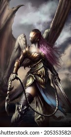 A beautiful girl Valkyrie with huge wings is dressed in plastic gold armor, in her hands she holds a two-handed weapon, a gold helmet on her head. 2D illustration