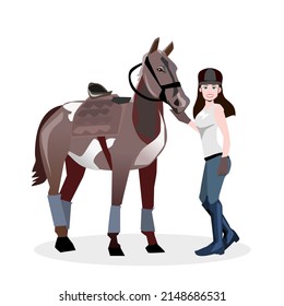 A beautiful girl wearing a horse riding outfit stands next to a horse.Isolated illustration on a white background.female horse rider. - Powered by Shutterstock