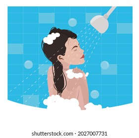 A beautiful girl, a woman in the shower is washed with foam and bubbles. A warm, gentle, relaxing shower to calm down after work. Flat llustration.