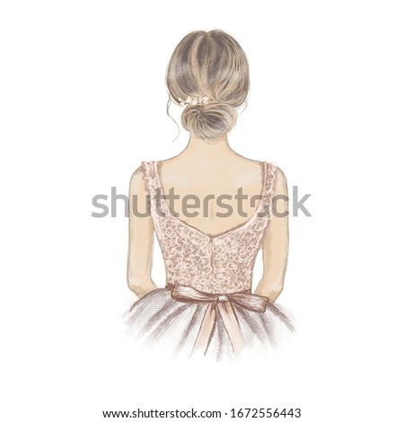 Beautiful Girl, Young Woman in fancy dress, back view. Bride, princess, ballerina. Hand drawn illustration in pastel colours