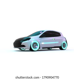 Beautiful Glowing Futuristic Electric Compact City Car In Neon Light Isolated On White. 3D Render.