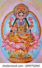 Beautiful Goddess Lakshmi on a lotus flower with a large vase of coins - a watercolor drawing of the goddess of beauty and prosperity.