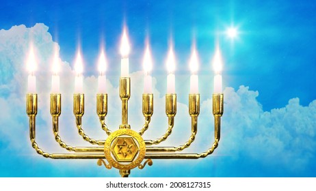 Beautiful Golden Hanukkah Menora Light , Cg Object 3D Illustration