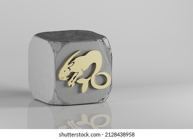 Beautiful Golden Zodiac Sign Aries Symbol Icons On A Beton Cube And White Ceramic Background. 3d Rendering Illustration. Background Pattern For Design.