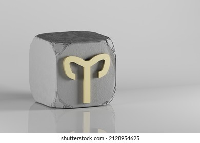 Beautiful Golden Zodiac Sign Aries Symbol Icons On A Beton Cube And White Ceramic Background. 3d Rendering Illustration. Background Pattern For Design.