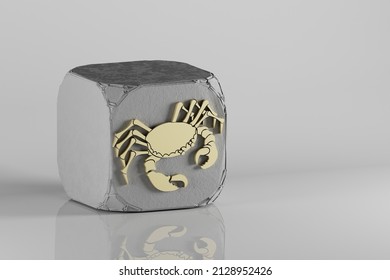 Beautiful Golden Zodiac Sign Cancer Symbol Icons On A Beton Cube And White Ceramic Background. 3d Rendering Illustration. Background Pattern For Design.