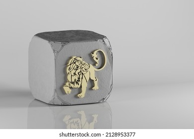 Beautiful Golden Zodiac Sign Leo Symbol Icons On A Beton Cube And White Ceramic Background. 3d Rendering Illustration. Background Pattern For Design.