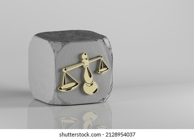 Beautiful Golden Zodiac Sign Libra Symbol Icons On A Beton Cube And White Ceramic Background. 3d Rendering Illustration. Background Pattern For Design.