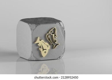 Beautiful Golden Zodiac Sign Pisces Symbol Icons On A Beton Cube And White Ceramic Background. 3d Rendering Illustration. Background Pattern For Design.