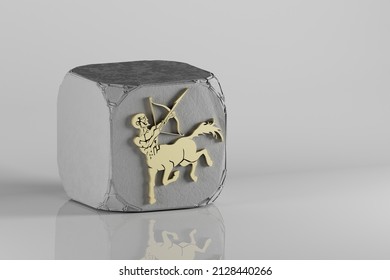 Beautiful Golden Zodiac Sign Sagittarius Symbol Icons On A Beton Cube And White Ceramic Background. 3d Rendering Illustration. Background Pattern For Design.