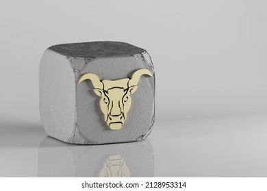 Beautiful Golden Zodiac Sign Taurus Symbol Icons On A Beton Cube And White Ceramic Background. 3d Rendering Illustration. Background Pattern For Design.