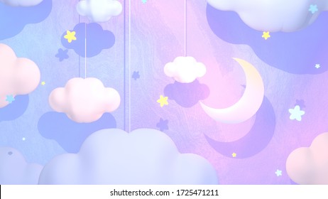 Beautiful good night   sleep tight paper art  Soft pastel pink  blue    purple color moon  clouds    stars  3d rendering picture 	