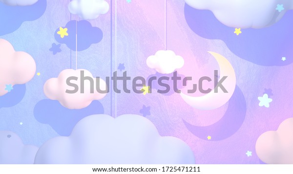 Beautiful good night and sleep tight paper\
art. Soft pastel pink, blue, and purple color moon, clouds, and\
stars. 3d rendering\
picture.	