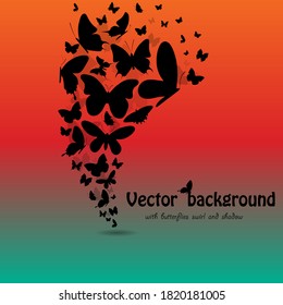 Beautiful gradient sunset background with black butterflies silhouette