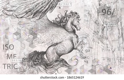 Beautiful graphic drawn pegasus with wings and geometry on a grey concrete grunge wall. Design for wallpaper, photo wallpaper, mural, card, postcard. Illustration in the loft, classic, modern style.