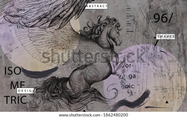 Beautiful graphic drawn pegasus with wings and geometry on a dark concrete grunge wall. Design for wallpaper, photo wallpaper, mural, card, postcard. Illustration in the loft, classic, modern style.