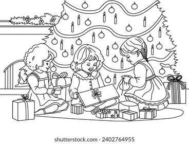 Beautiful graphic shows3 children in front of a Christmas tree in the living room. The children are wearing clothes and hairstyles from the 1930th - Powered by Shutterstock