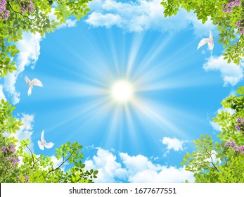 Beautiful green branches on a background of the sunny sky. Art ceiling. 3D Wallpaper.