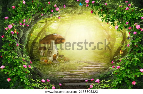 beautiful green forest with many pink flowers and butterflies. design for 3d wallpaper, wall mural and etc.
