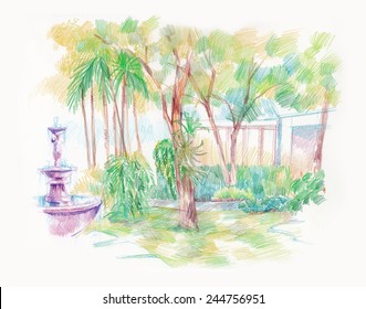 beautiful green garden and fountain artistic illustration