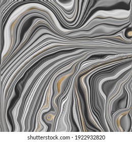 Beautiful Grey Curly Marble Agate With Golden Veins. Abstract Marbling Agate Texture And Shiny Gold Background. Fluid Marbling Effect . Illustration