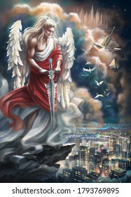 A Beautiful Guardian Angel In The Sky Watches The Planet Earth And Its Inhabitants. Blond. Digital Painting. Digital Illustration.