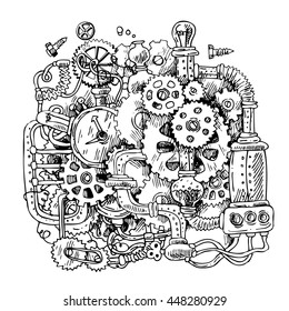 Beautiful Hand Drawn Sketch Steampunk Mechanism. Time Machine. Raster Copy