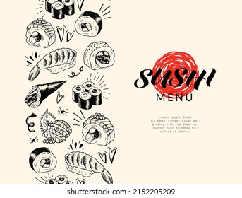 Beautiful hand drawn sushi seamless pattern, sketch design, doodle elements, great for textiles, banners, wallpapers, menus, background 