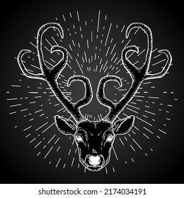 Beautiful hand drawn tribal style deer head and rays light  Magic illustration in white over black  Spiritual art  yoga  boho style  nature   wilderness 