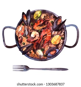 Beautiful hand drawn watercolor illustration  seafood paella. Good for restourant menu. Mediterranean kitchen
